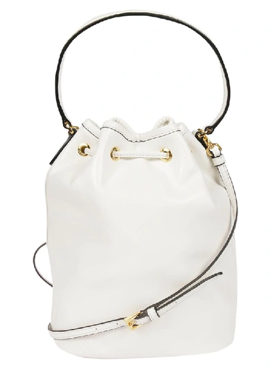 Shop Prada Logo Plaque Bucket Bag In White