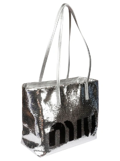 Shop Miu Miu Sequin-coated Logo Tote In Argento+nero