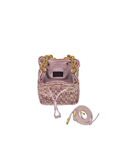Shop Furla Quilted Velvet Stacy Cometa Mini Drawstring Bucket Bag In Pink