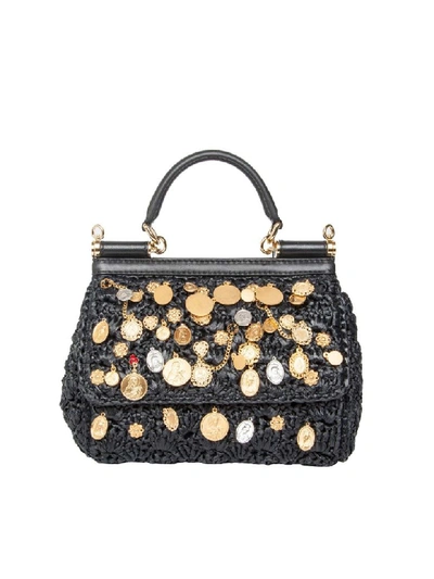 Shop Dolce & Gabbana Sicily Medium Bag In Crochet Rafia In Black