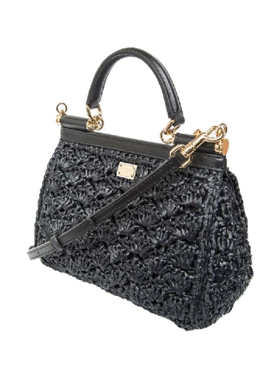 Shop Dolce & Gabbana Sicily Medium Bag In Crochet Rafia In Black