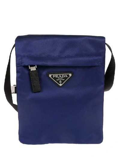 Shop Prada Logo Plaque Boxy Shoulder Bag In Blue