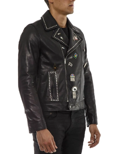 Shop Saint Laurent Black Leather Jacket With Metal Studs And Pins