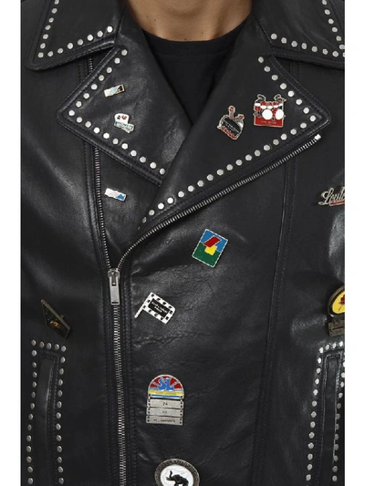 Shop Saint Laurent Black Leather Jacket With Metal Studs And Pins