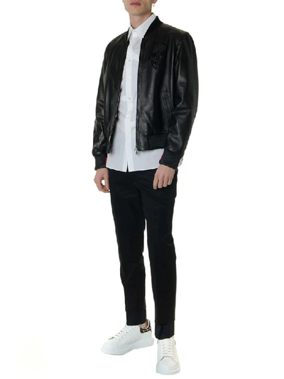 Shop Alexander Mcqueen Black Lamb Leather Bomber Jacket With Fabric Inserts