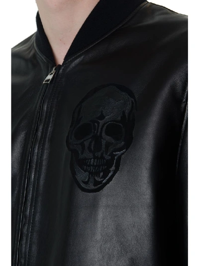 Shop Alexander Mcqueen Black Lamb Leather Bomber Jacket With Fabric Inserts
