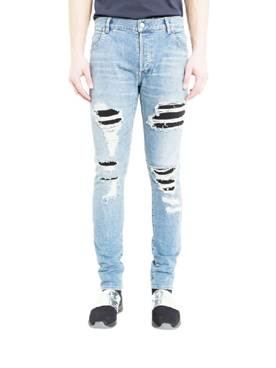 Shop Balmain Distressed Jeans In Blu