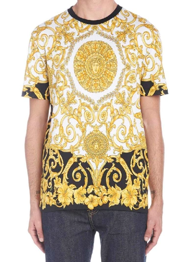 Versace Gold Heritage Hibiscus Printed T-shirt In White/gold/black |  ModeSens