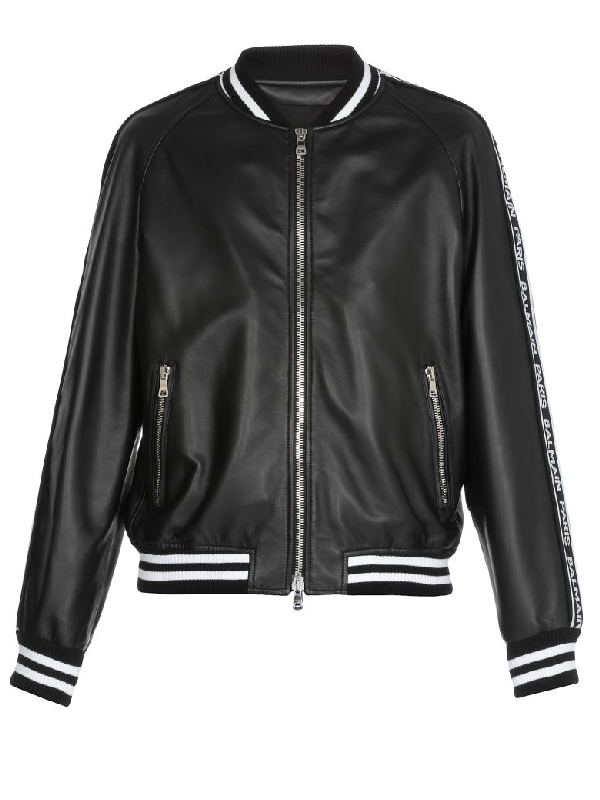 Uovertruffen Faciliteter Indeks Balmain Collegiate Leather Bomber Jacket Med Hensyn Til Hage Til Eksil