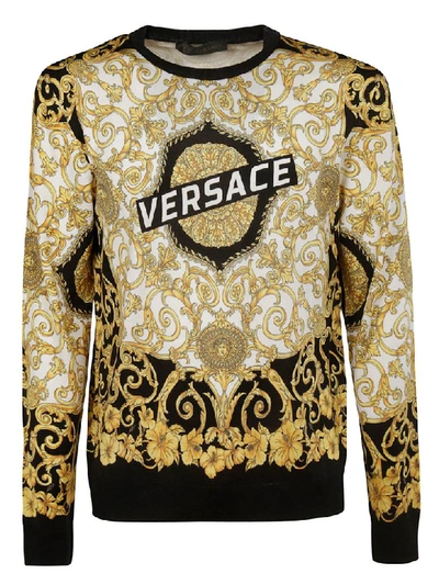 Shop Versace Floral Logo Print Sweater In Gold/black