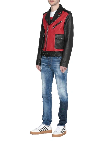 Shop Dsquared2 Bicolor Leather Jacket In Red/black