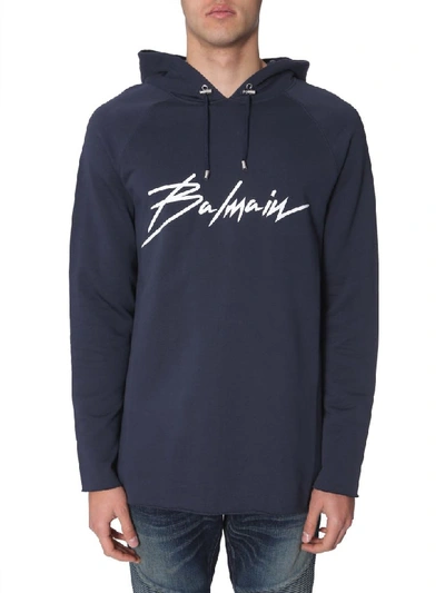 Shop Balmain Hooded Sweatshirt In Blu