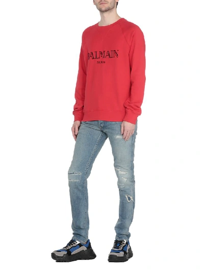 Shop Balmain Cotton Sweatshirt In Rouge/noir