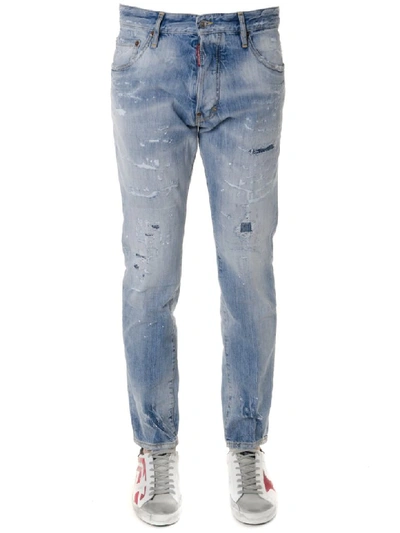 Shop Dsquared2 Light Blue Cotton Bootcut Faded & Teared Jeans