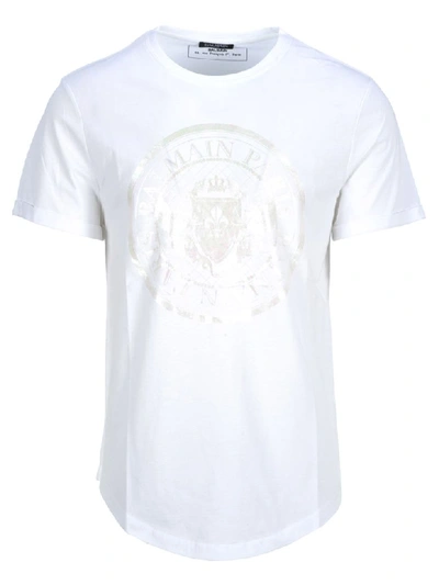 Shop Balmain Round Logo Printed T-shirt In White + Silver