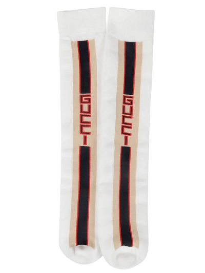 Shop Gucci Logo Stripe Socks In Ivory