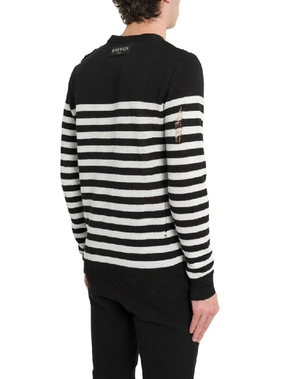 Shop Balmain Striped Knit Jumper With Patch In Nero/bianco