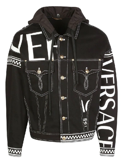 Versace Contrast Stitch Logo-printed Denim Jacket In Black | ModeSens