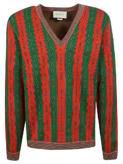 Shop Gucci Horsebit Chain Print Sweater In Live Red/multicolor