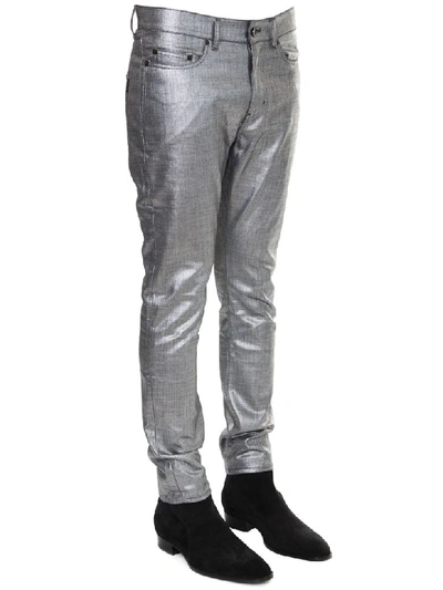 Shop Saint Laurent Metallic Silver Slim Fit Jeans