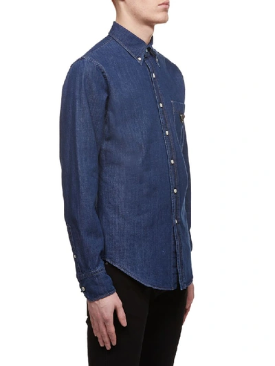 Shop Prada Logo Plaque Shirt In Blu Denim