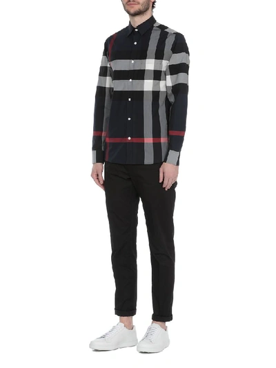 Shop Burberry Cotton Shirt In Navy Ip Check