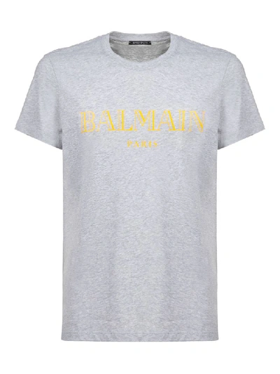 Shop Balmain Logo T-shirt In Grigio Arancio Fluo