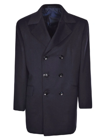 Shop Kiton Double Breasted Coat In Blue