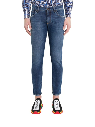 Shop Dolce & Gabbana Jeans With Embroidered Monogram In Blu