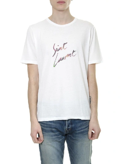 Shop Saint Laurent White Cotton T-shirt With Logo Print In White/multicolor