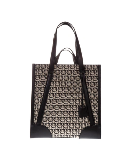 Shop Ferragamo Salvatore  Beige And Black Monogram Print Tote Bag In Leather In Beige/black