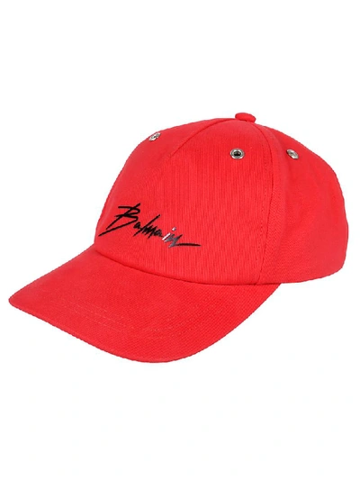 Shop Balmain Logo Applique Cap In Red
