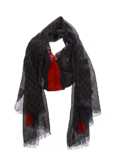 Shop Gucci Black Wool All Over Gg Scarf In Black/red