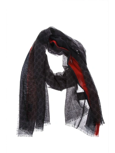 Shop Gucci Black Wool All Over Gg Scarf In Black/red