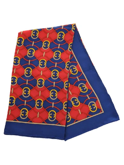 Shop Gucci Interlocking G Rhombus Print Scarf In Blue + Red Gg Wave