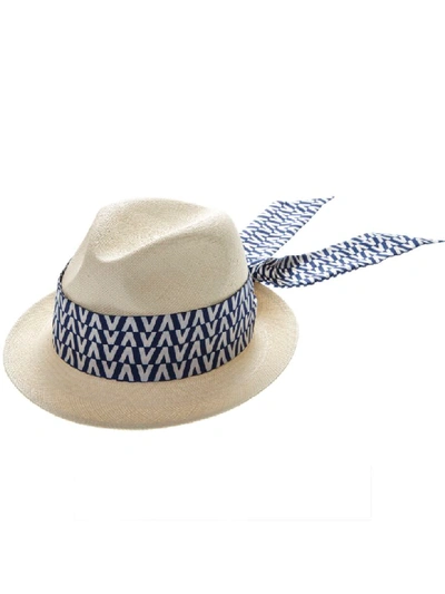 Shop Valentino Straw Contrasting Logo Silk Scarf Hat In Ivory