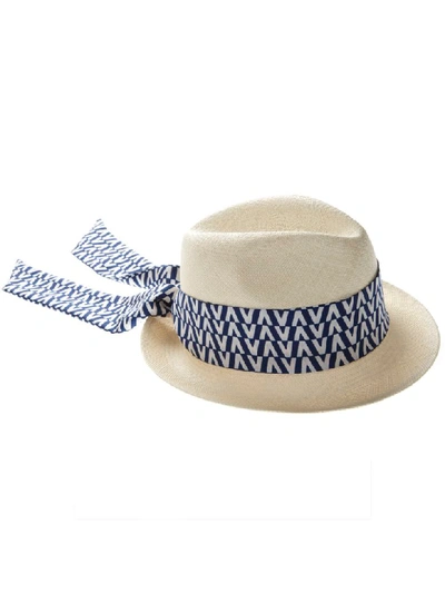 Shop Valentino Straw Contrasting Logo Silk Scarf Hat In Ivory