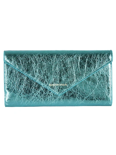 Shop Balenciaga Logo Continental Wallet In Turquoise