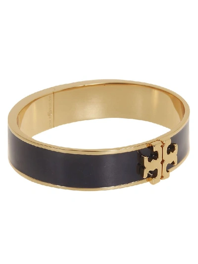 Shop Tory Burch Enameled Raised Logo Bracelet In Navy Gold
