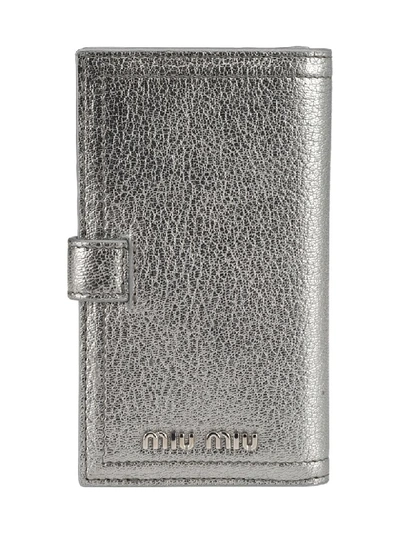 Shop Miu Miu Madras Leather Wallet In Chromo Silver