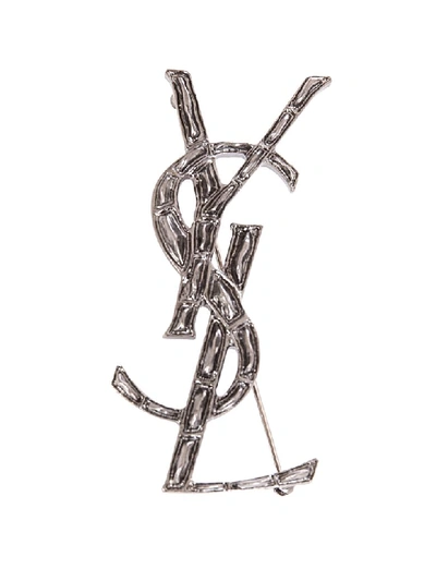 Shop Saint Laurent Opyum Ysl Crocodile Brooch In Silver In Argento