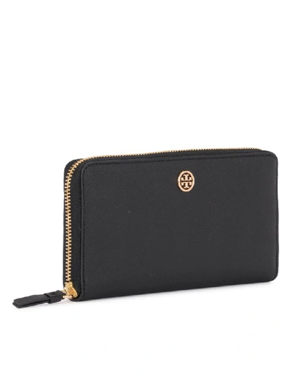 Shop Tory Burch Robinson Black And Blue Saffiano Leather Wallet In Nero