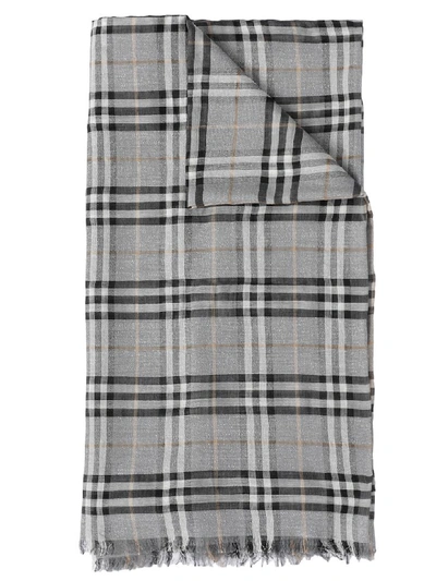 Shop Burberry Vintage Check Metallic Gauze Scarf In Pewter Grey