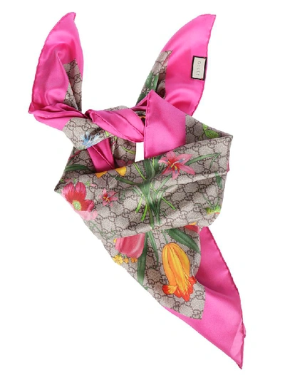 Shop Gucci Gg Floral Print Scarf In Beige/pink