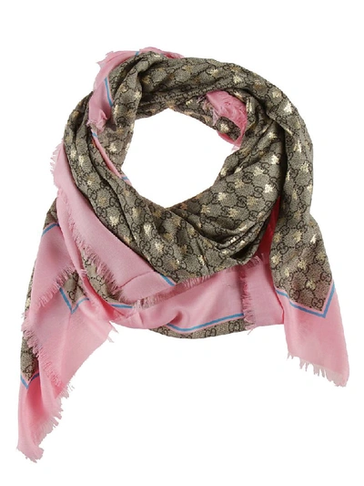 Shop Gucci Double G And Bee Motif Print Scarf In Brown/pink