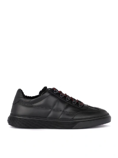 Shop Hogan H365 Black Leather And Sheepskin Sneaker In Nero