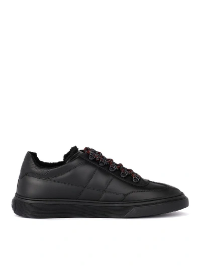 Shop Hogan H365 Black Leather And Sheepskin Sneaker In Nero