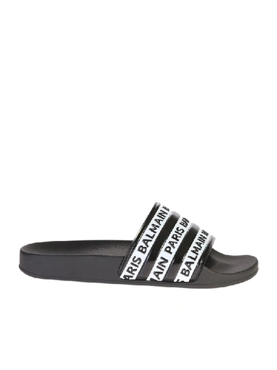 Shop Balmain Branded Slide Sandals In Black