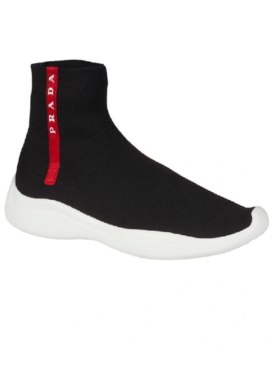 Shop Prada Knitted Hi-top Sneakers In Nero/bianco