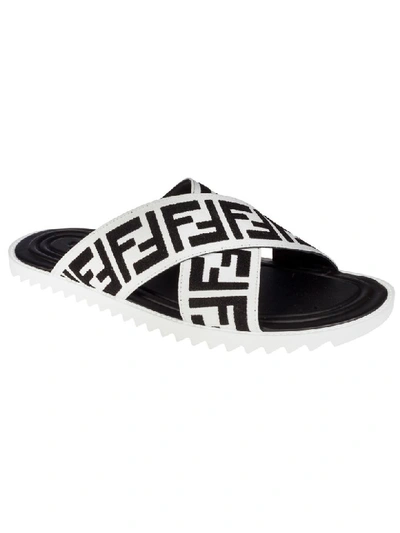 Shop Fendi Jacquard Crossover Sliders In White